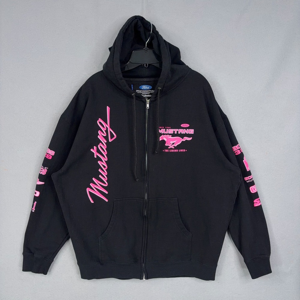 Ford Mustang Zip Hoodie Womens XL Black Pink Graphic Boss Cobra Jet Racing Y2K